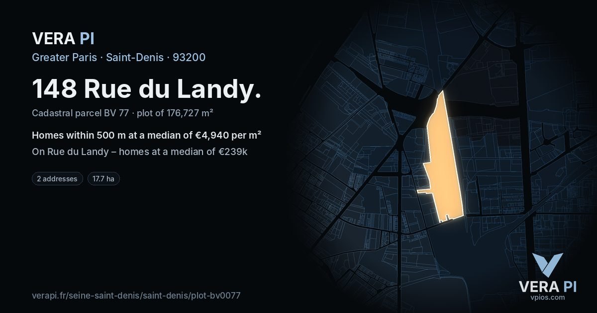 148 Rue du Landy, Saint-Denis at night – the plot lit, the parcels around coloured by the prices near them