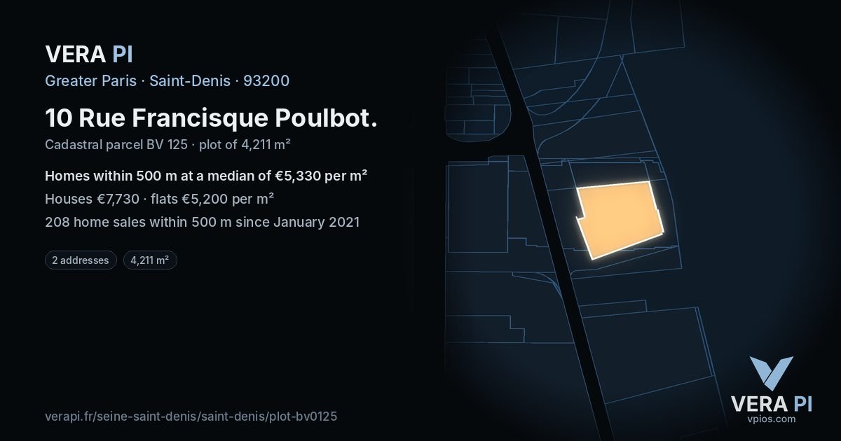 10 Rue Francisque Poulbot, Saint-Denis at night – the plot lit, the parcels around coloured by the prices near them