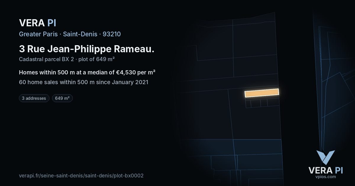 3 Rue Jean-Philippe Rameau, Saint-Denis at night – the plot lit, the parcels around coloured by the prices near them