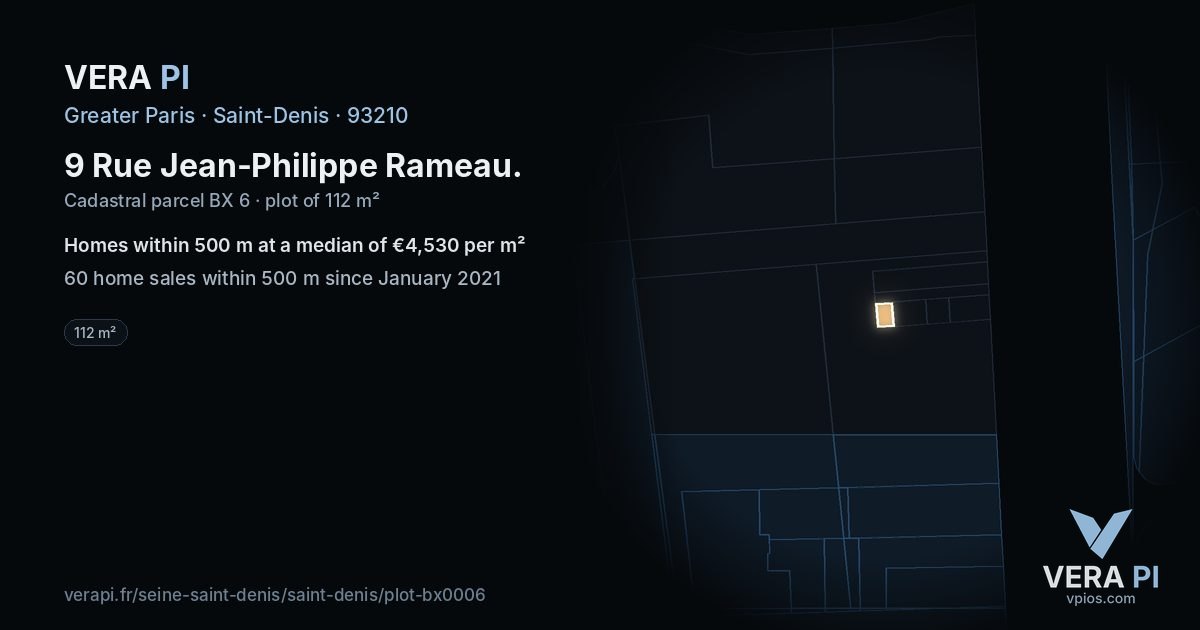 9 Rue Jean-Philippe Rameau, Saint-Denis at night – the plot lit, the parcels around coloured by the prices near them