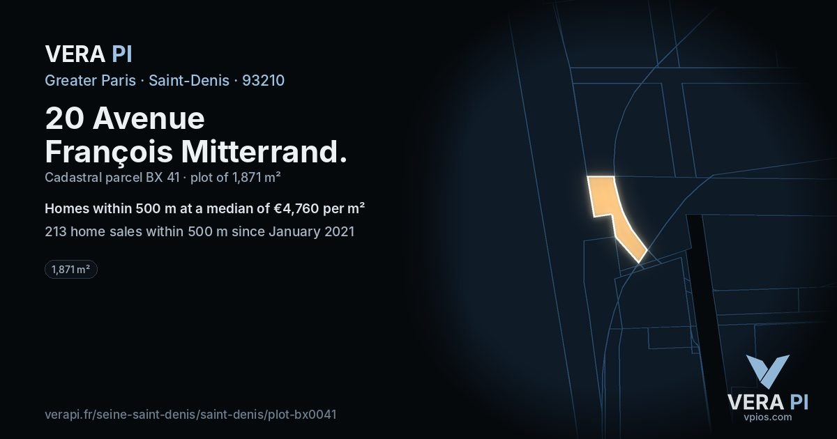 20 Avenue François Mitterrand, Saint-Denis at night – the plot lit, the parcels around coloured by the prices near them