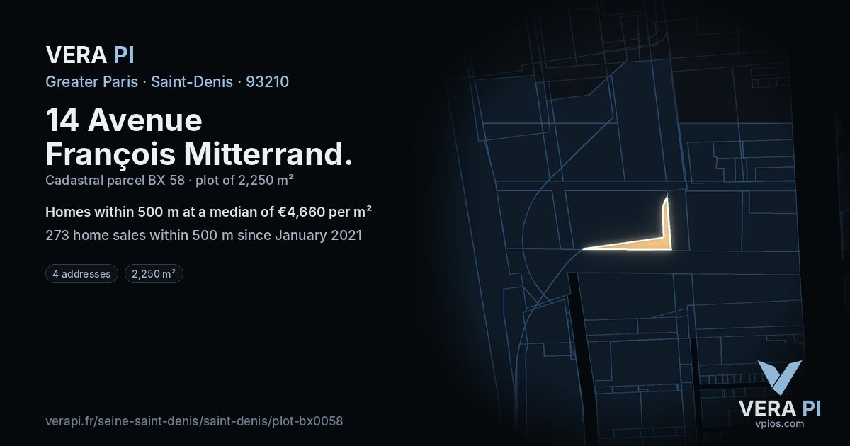 14 Avenue François Mitterrand, Saint-Denis at night – the plot lit, the parcels around coloured by the prices near them