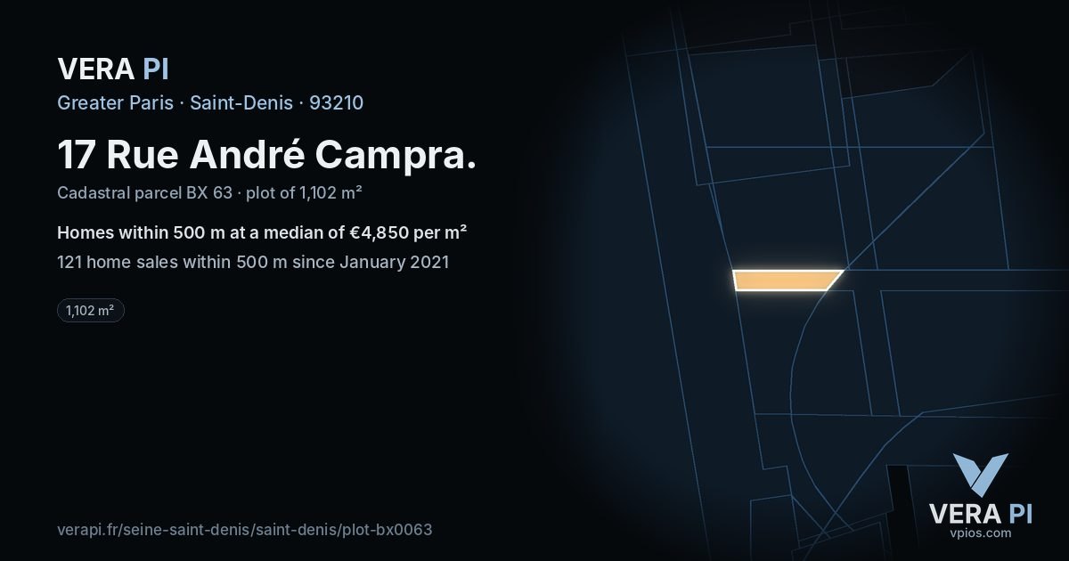 17 Rue André Campra, Saint-Denis at night – the plot lit, the parcels around coloured by the prices near them