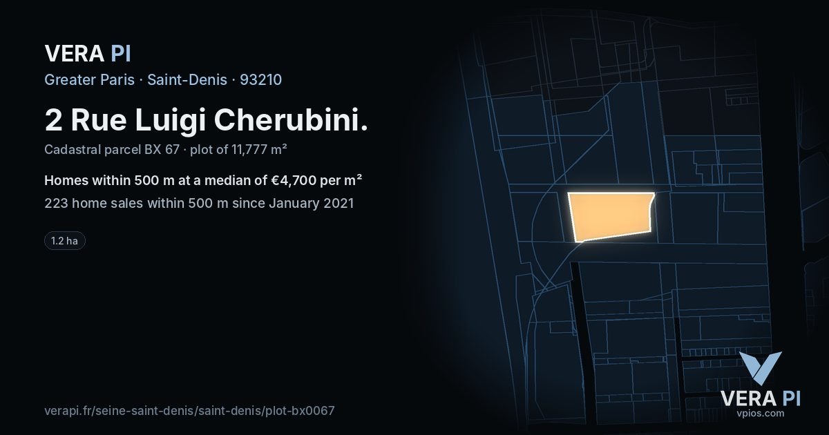 2 Rue Luigi Cherubini, Saint-Denis at night – the plot lit, the parcels around coloured by the prices near them