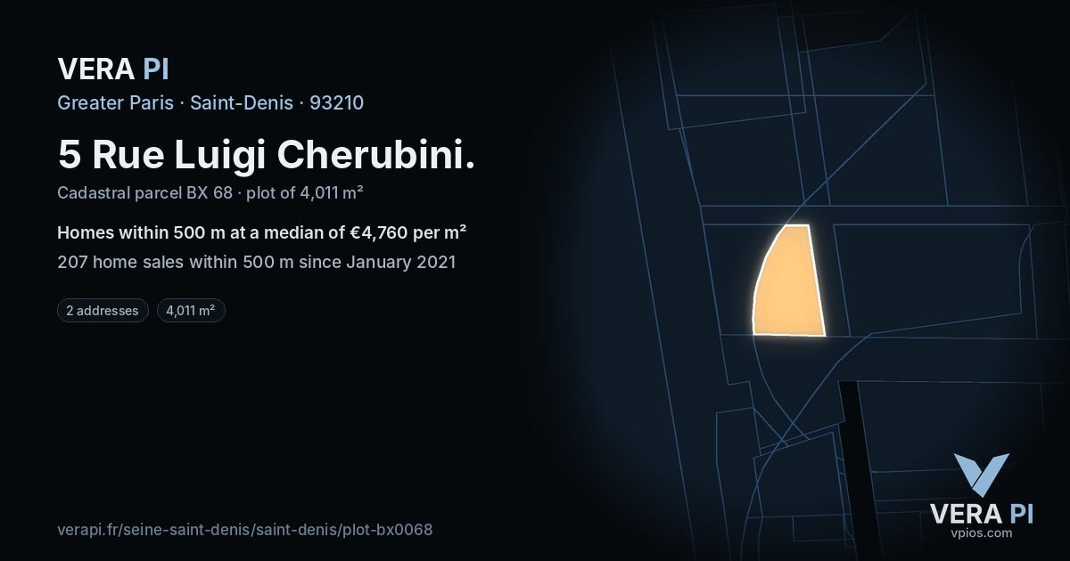 5 Rue Luigi Cherubini, Saint-Denis at night – the plot lit, the parcels around coloured by the prices near them