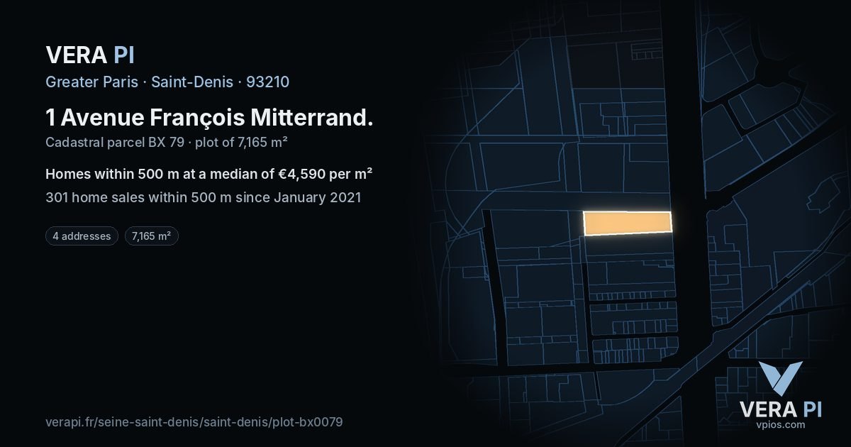 1 Avenue François Mitterrand, Saint-Denis at night – the plot lit, the parcels around coloured by the prices near them