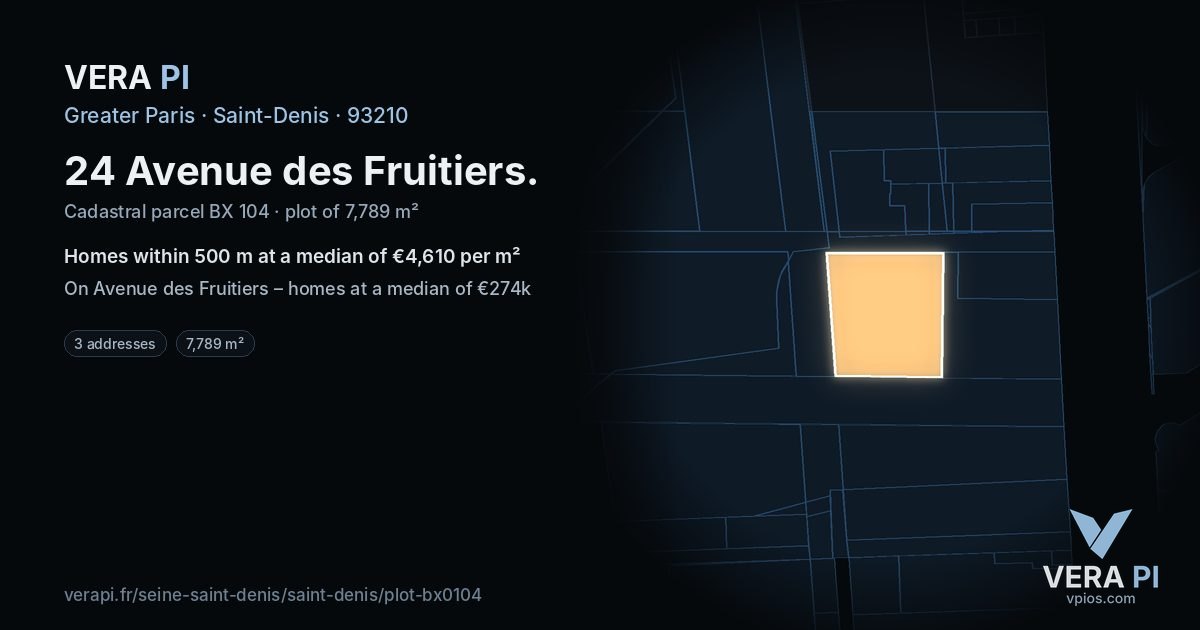 24 Avenue des Fruitiers, Saint-Denis at night – the plot lit, the parcels around coloured by the prices near them