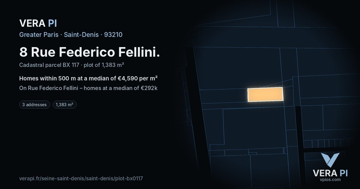 8 Rue Federico Fellini, Saint-Denis at night – the plot lit, the parcels around coloured by the prices near them