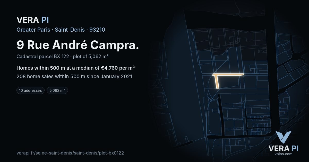 9 Rue André Campra, Saint-Denis at night – the plot lit, the parcels around coloured by the prices near them