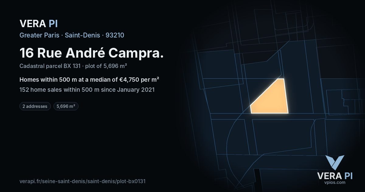 16 Rue André Campra, Saint-Denis at night – the plot lit, the parcels around coloured by the prices near them