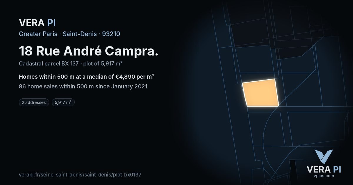 18 Rue André Campra, Saint-Denis at night – the plot lit, the parcels around coloured by the prices near them
