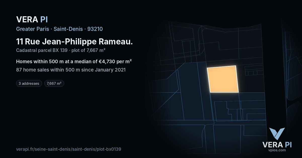 11 Rue Jean-Philippe Rameau, Saint-Denis at night – the plot lit, the parcels around coloured by the prices near them