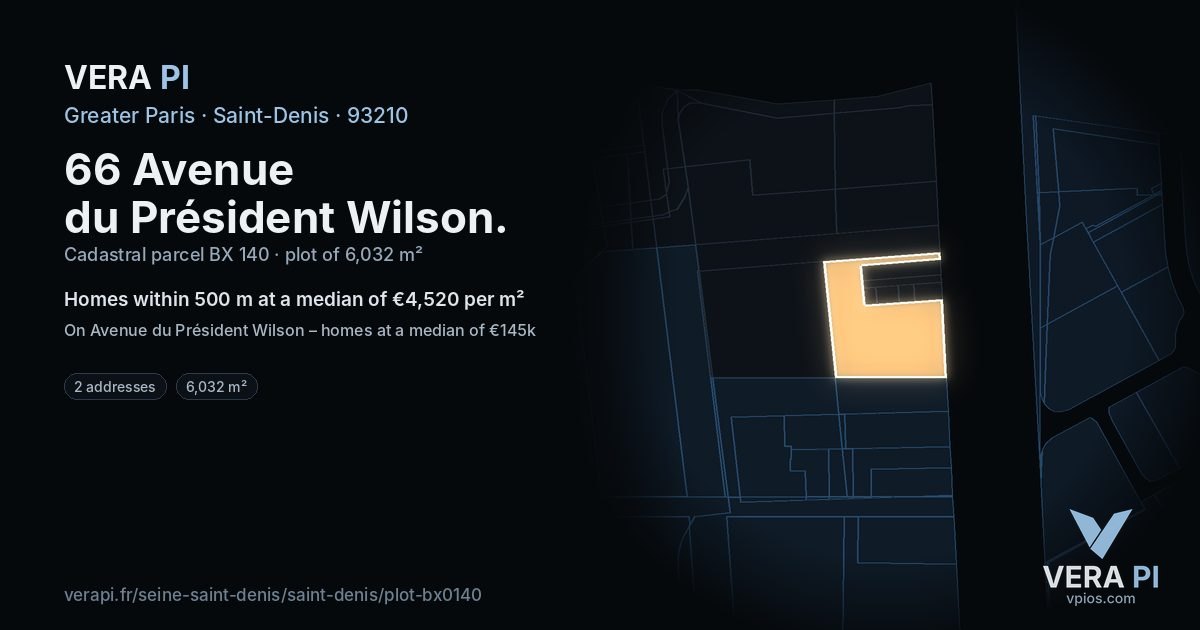 66 Avenue du Président Wilson, Saint-Denis at night – the plot lit, the parcels around coloured by the prices near them