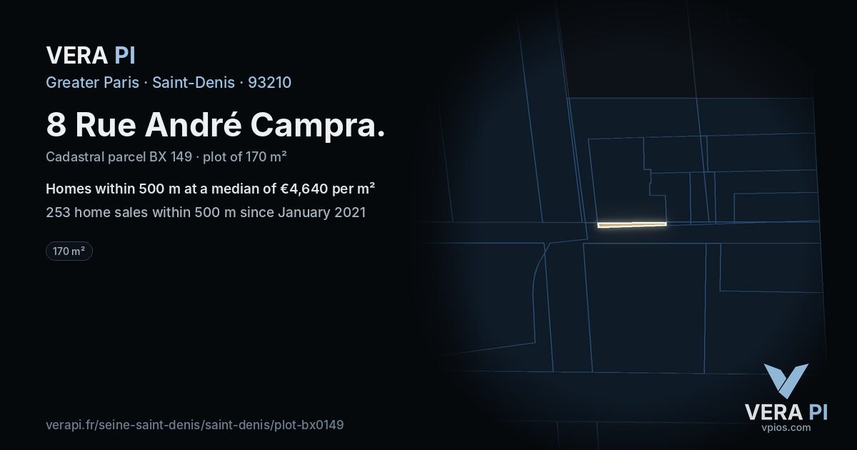 8 Rue André Campra, Saint-Denis at night – the plot lit, the parcels around coloured by the prices near them
