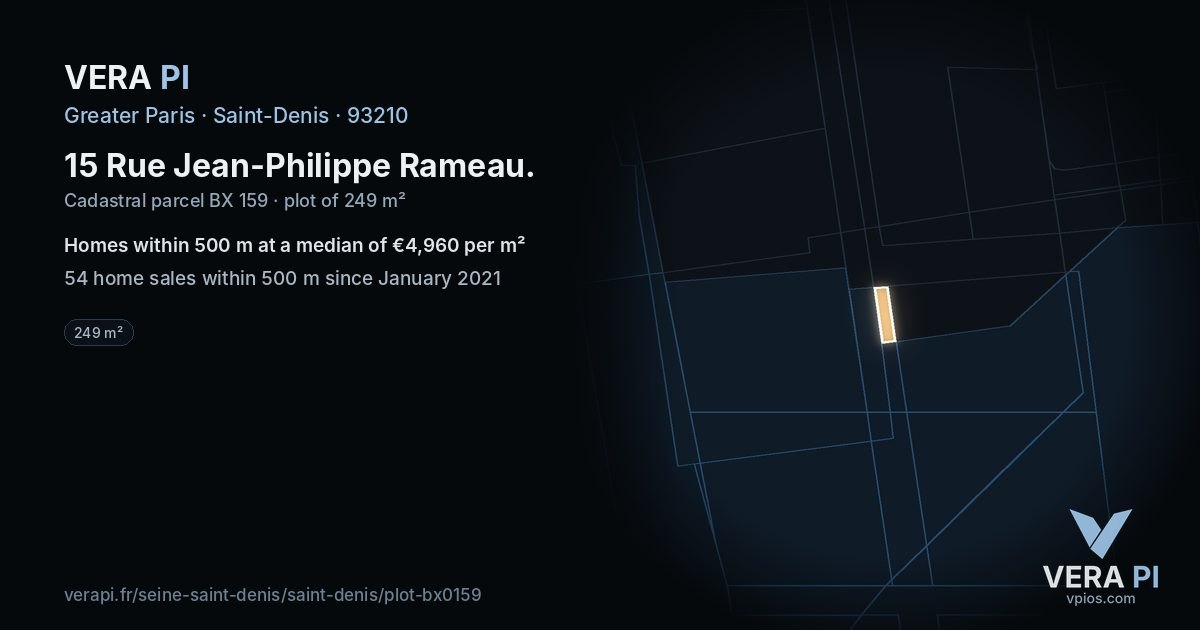 15 Rue Jean-Philippe Rameau, Saint-Denis at night – the plot lit, the parcels around coloured by the prices near them