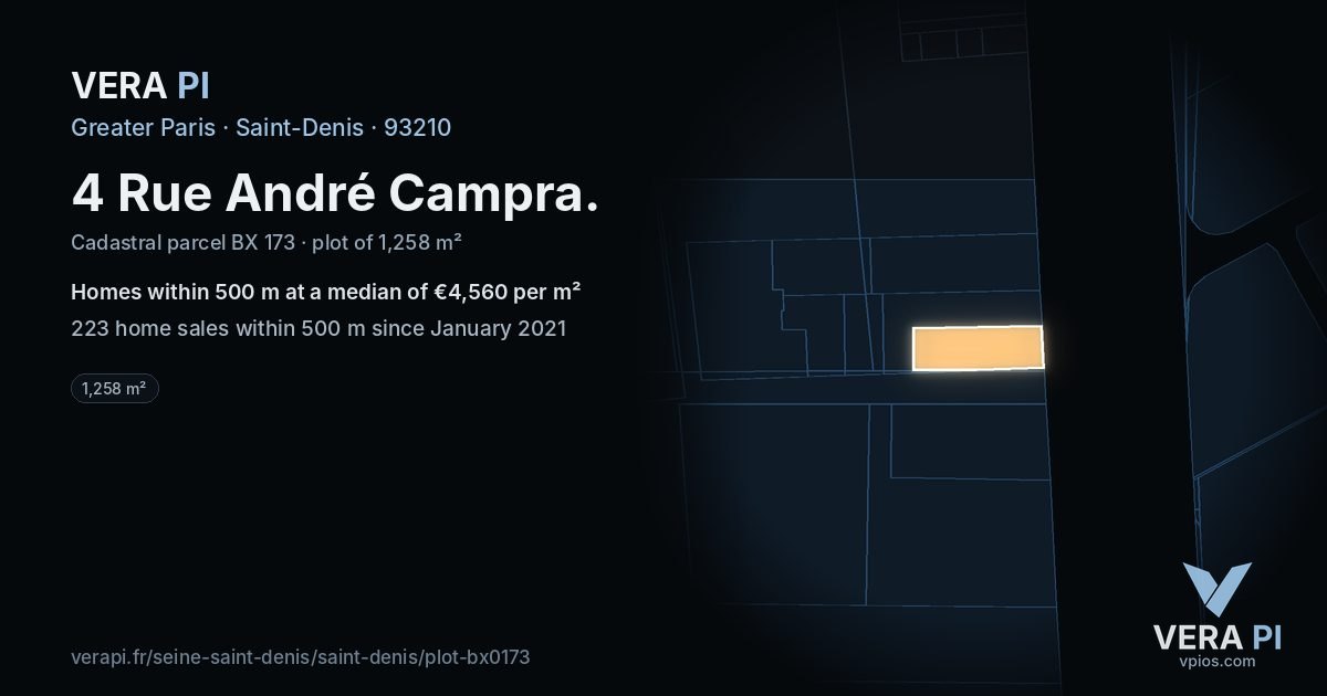 4 Rue André Campra, Saint-Denis at night – the plot lit, the parcels around coloured by the prices near them