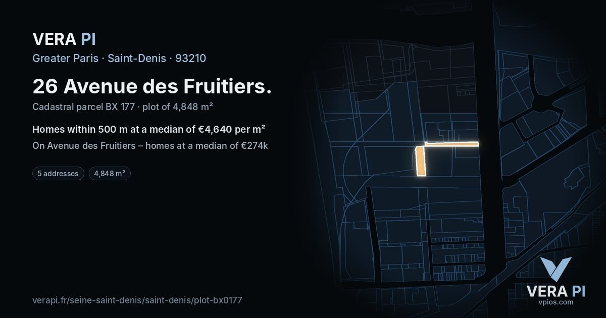 26 Avenue des Fruitiers, Saint-Denis at night – the plot lit, the parcels around coloured by the prices near them