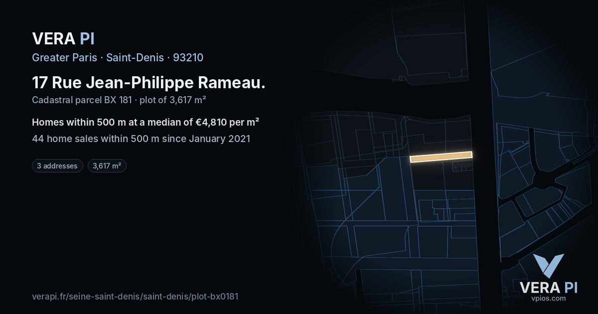 17 Rue Jean-Philippe Rameau, Saint-Denis at night – the plot lit, the parcels around coloured by the prices near them