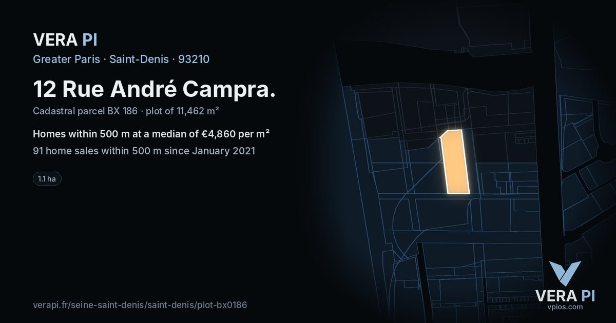 12 Rue André Campra, Saint-Denis at night – the plot lit, the parcels around coloured by the prices near them