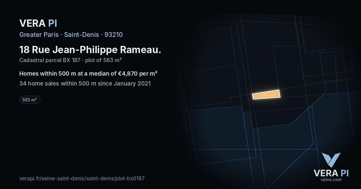 18 Rue Jean-Philippe Rameau, Saint-Denis at night – the plot lit, the parcels around coloured by the prices near them
