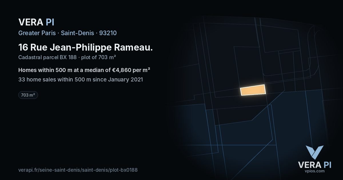 16 Rue Jean-Philippe Rameau, Saint-Denis at night – the plot lit, the parcels around coloured by the prices near them