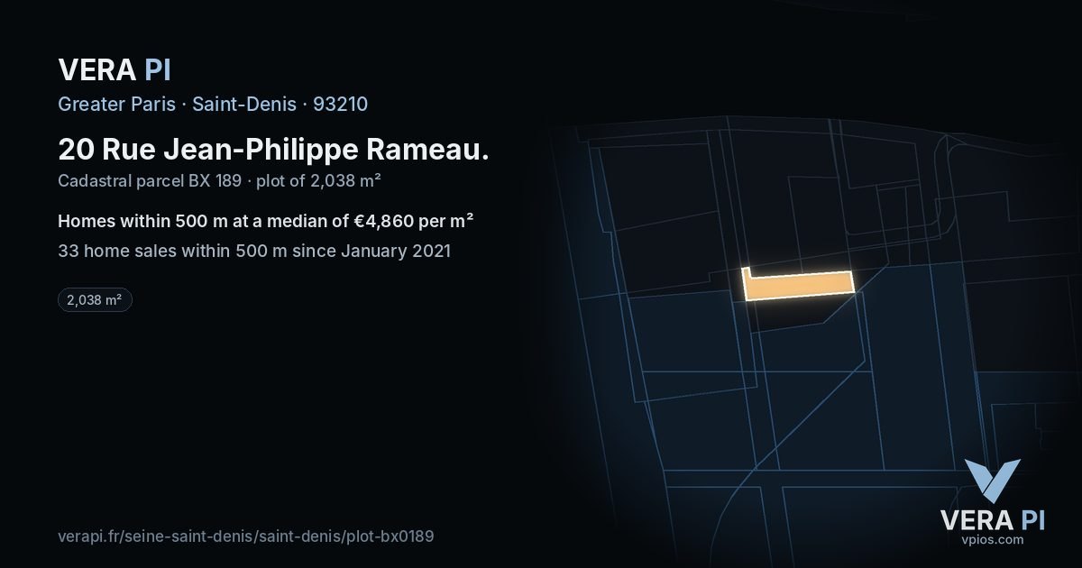 20 Rue Jean-Philippe Rameau, Saint-Denis at night – the plot lit, the parcels around coloured by the prices near them
