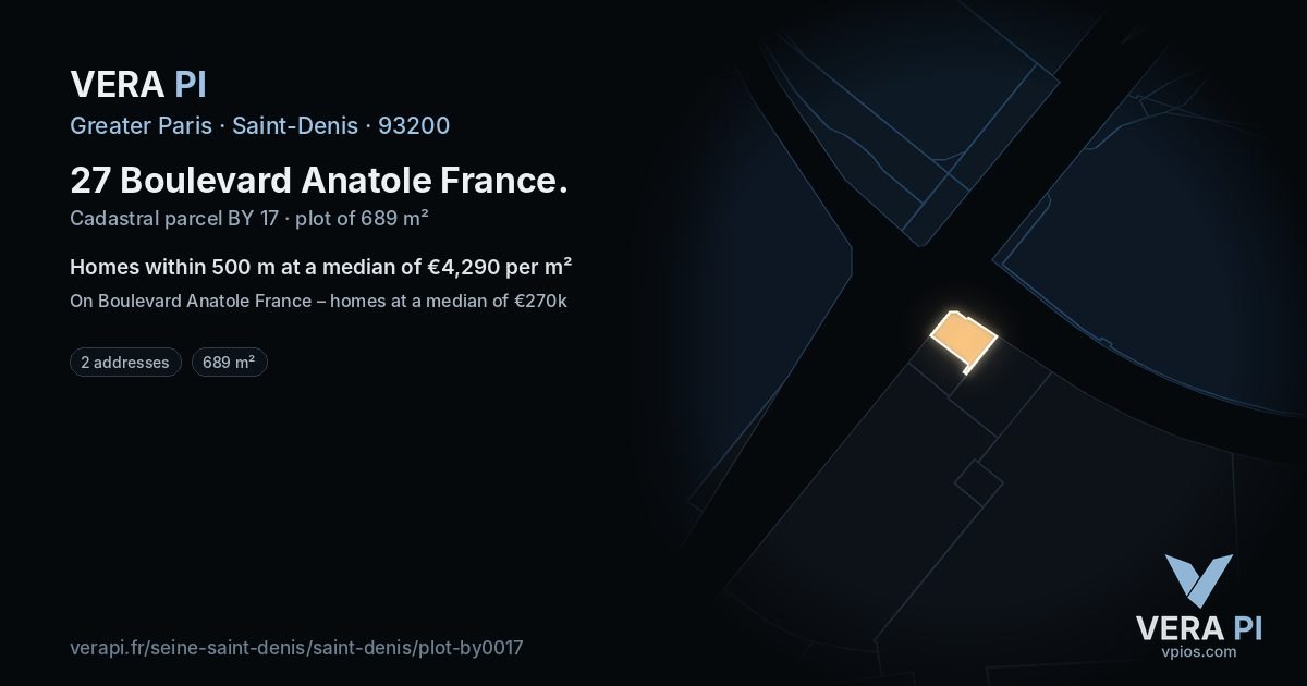 27 Boulevard Anatole France, Saint-Denis at night – the plot lit, the parcels around coloured by the prices near them