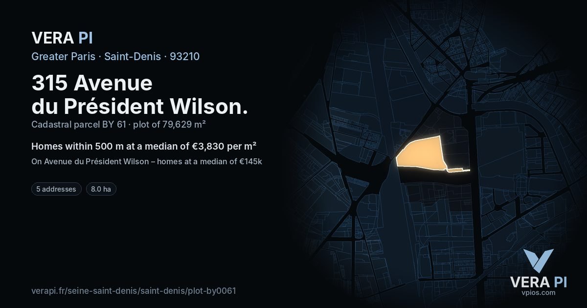 315 Avenue du Président Wilson, Saint-Denis at night – the plot lit, the parcels around coloured by the prices near them