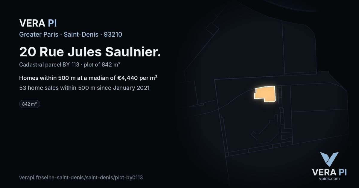 20 Rue Jules Saulnier, Saint-Denis at night – the plot lit, the parcels around coloured by the prices near them