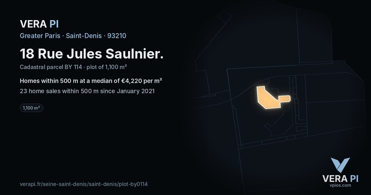 18 Rue Jules Saulnier, Saint-Denis at night – the plot lit, the parcels around coloured by the prices near them