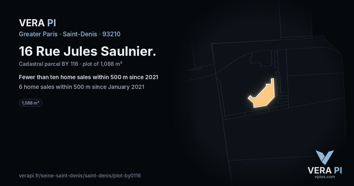 16 Rue Jules Saulnier, Saint-Denis at night – the plot lit, the parcels around coloured by the prices near them