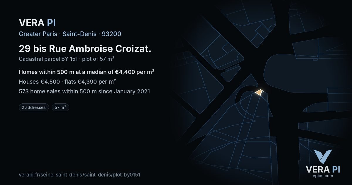 29 bis Rue Ambroise Croizat, Saint-Denis at night – the plot lit, the parcels around coloured by the prices near them