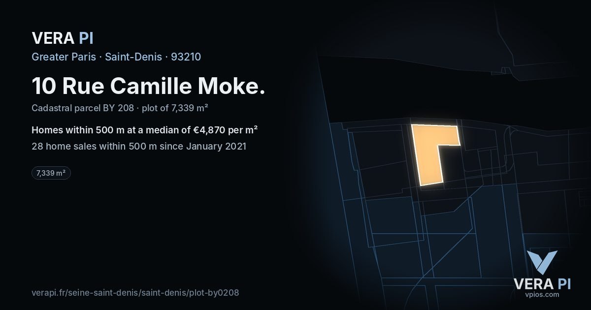 10 Rue Camille Moke, Saint-Denis at night – the plot lit, the parcels around coloured by the prices near them