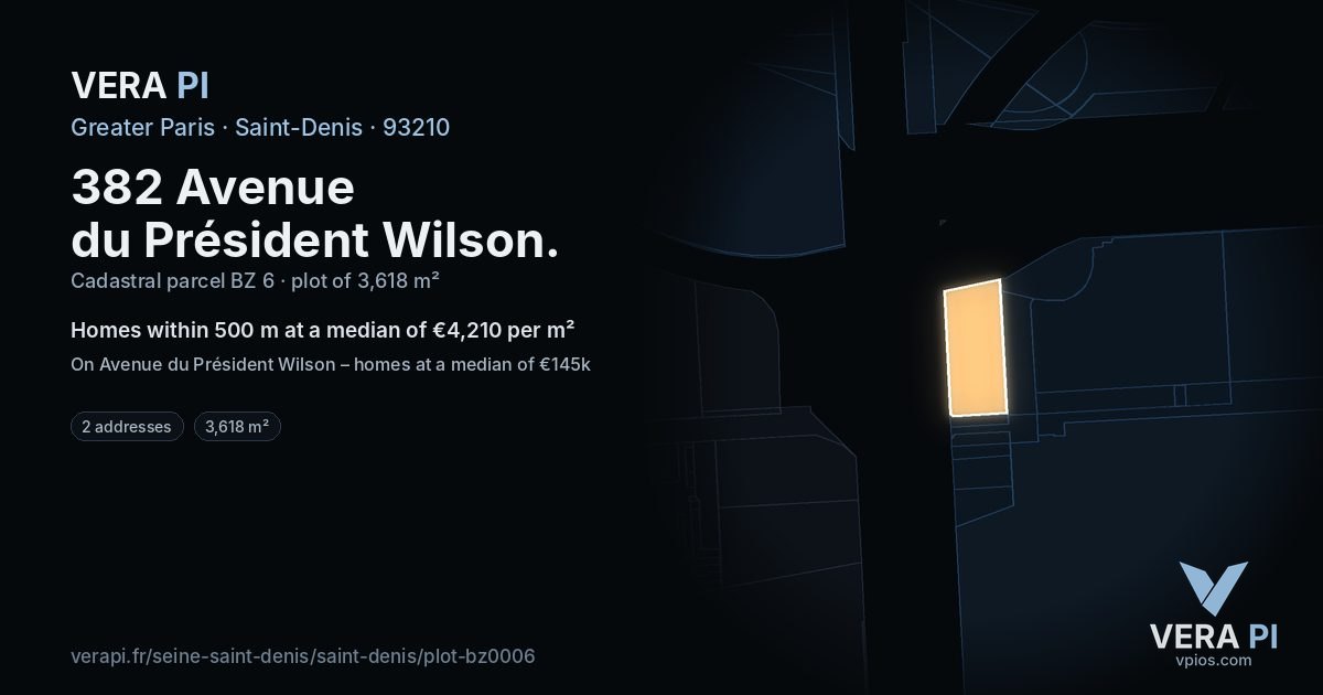 382 Avenue du Président Wilson, Saint-Denis at night – the plot lit, the parcels around coloured by the prices near them