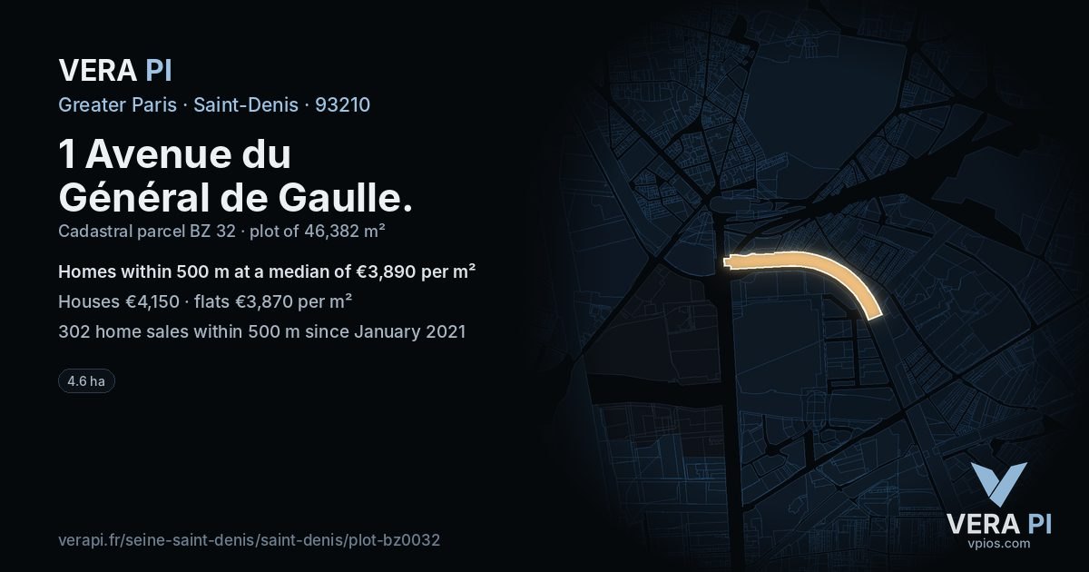 1 Avenue du Général de Gaulle, Saint-Denis at night – the plot lit, the parcels around coloured by the prices near them