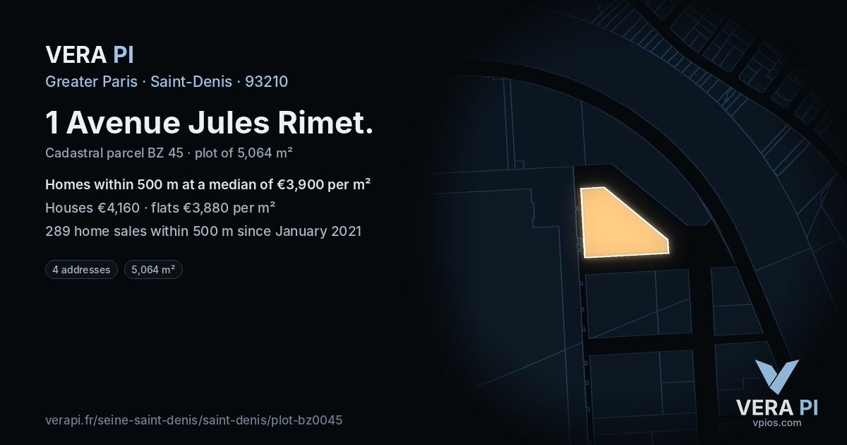 1 Avenue Jules Rimet, Saint-Denis at night – the plot lit, the parcels around coloured by the prices near them