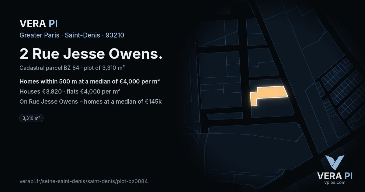 2 Rue Jesse Owens, Saint-Denis at night – the plot lit, the parcels around coloured by the prices near them