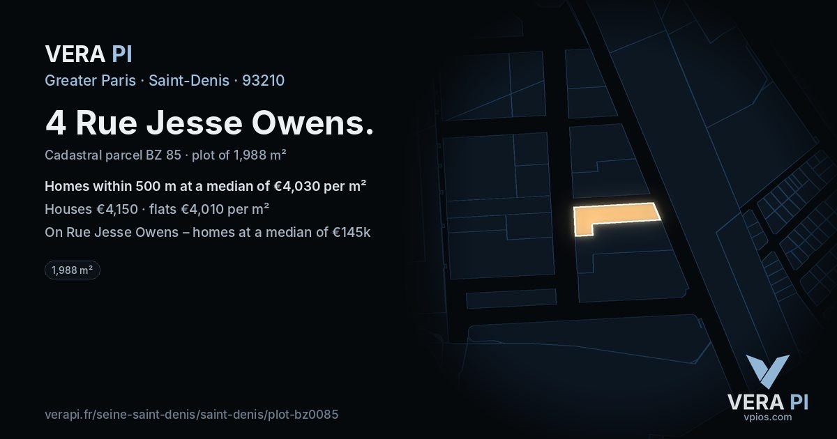 4 Rue Jesse Owens, Saint-Denis at night – the plot lit, the parcels around coloured by the prices near them