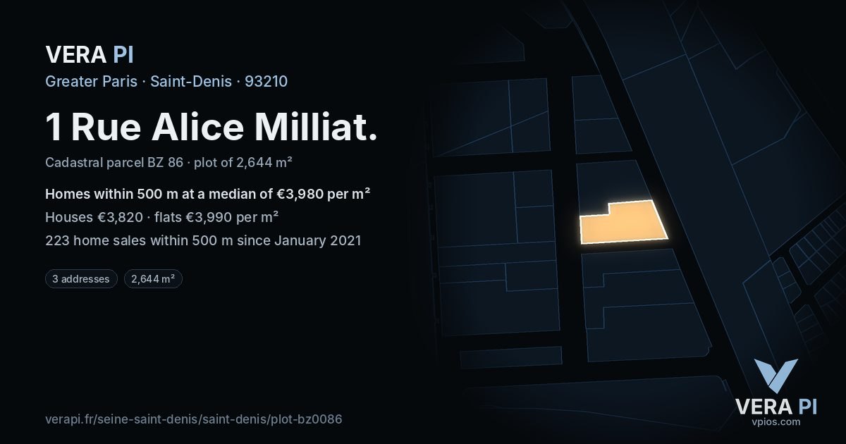 1 Rue Alice Milliat, Saint-Denis at night – the plot lit, the parcels around coloured by the prices near them