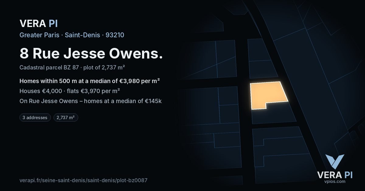 8 Rue Jesse Owens, Saint-Denis at night – the plot lit, the parcels around coloured by the prices near them