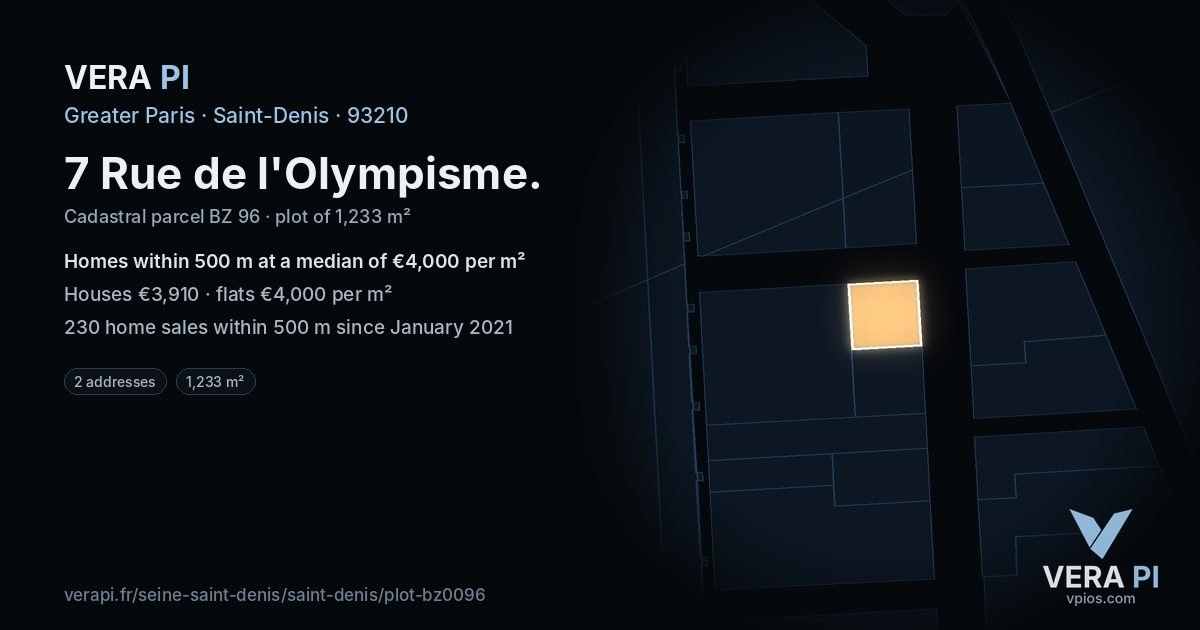 7 Rue de l'Olympisme, Saint-Denis at night – the plot lit, the parcels around coloured by the prices near them