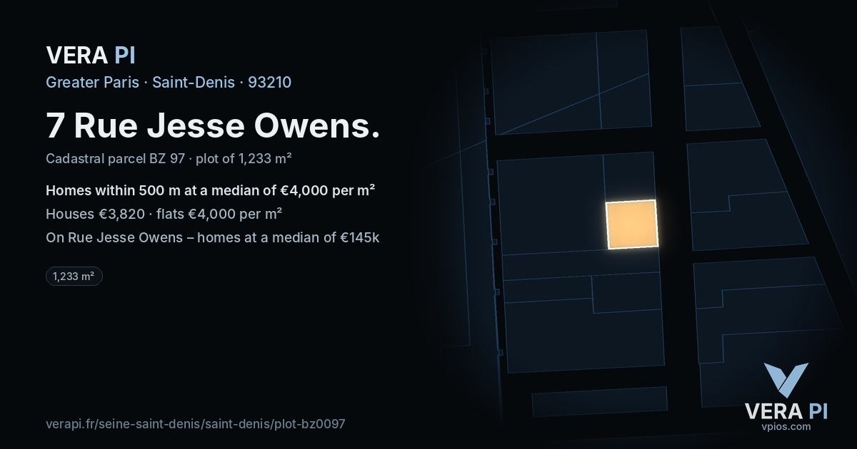 7 Rue Jesse Owens, Saint-Denis at night – the plot lit, the parcels around coloured by the prices near them