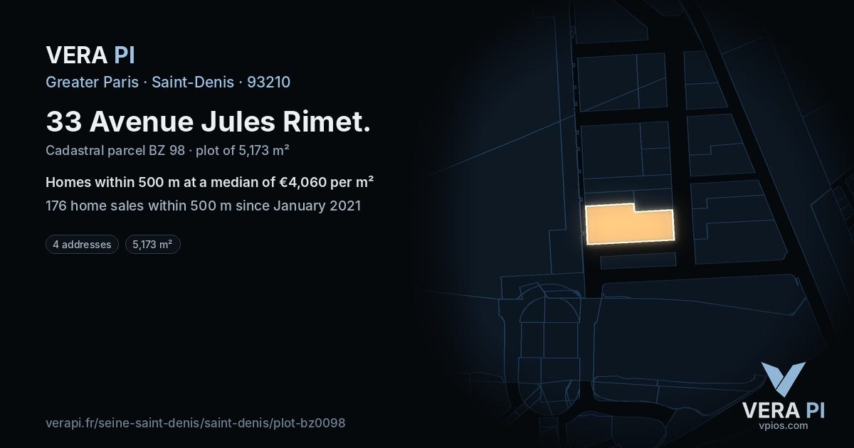 33 Avenue Jules Rimet, Saint-Denis at night – the plot lit, the parcels around coloured by the prices near them