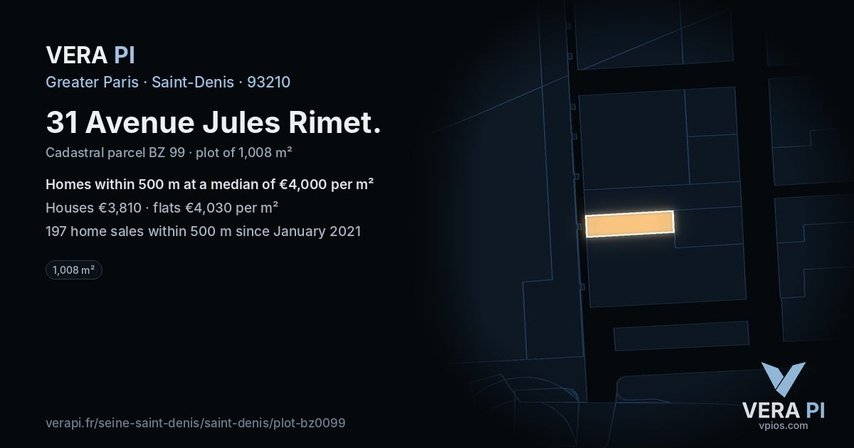 31 Avenue Jules Rimet, Saint-Denis at night – the plot lit, the parcels around coloured by the prices near them
