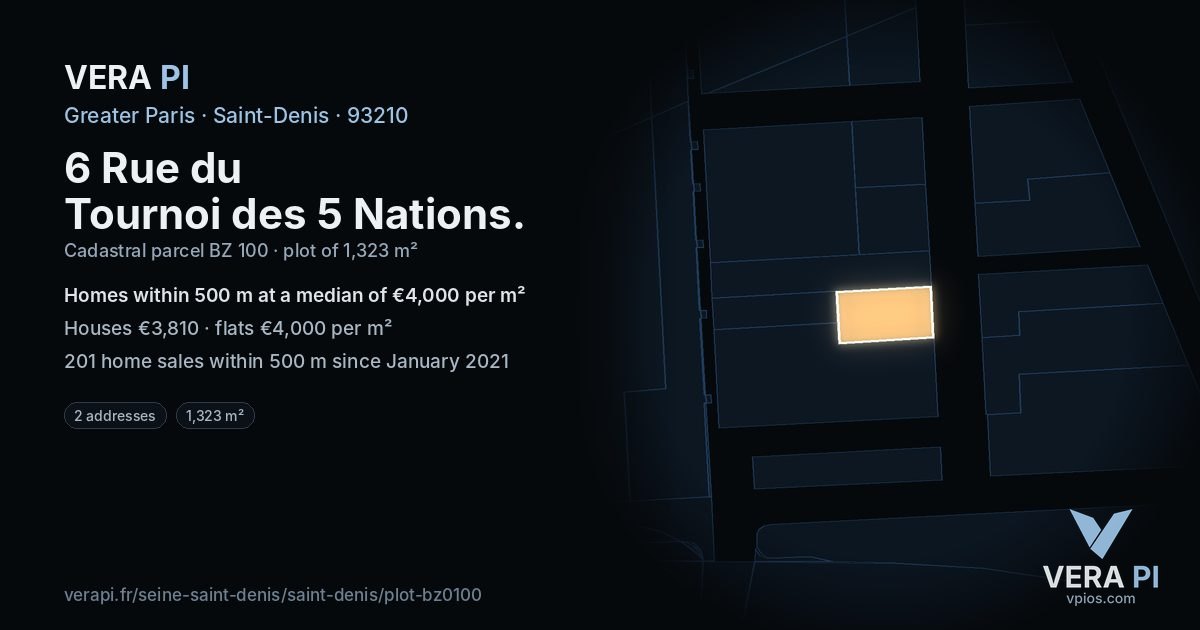 6 Rue du Tournoi des 5 Nations, Saint-Denis at night – the plot lit, the parcels around coloured by the prices near them