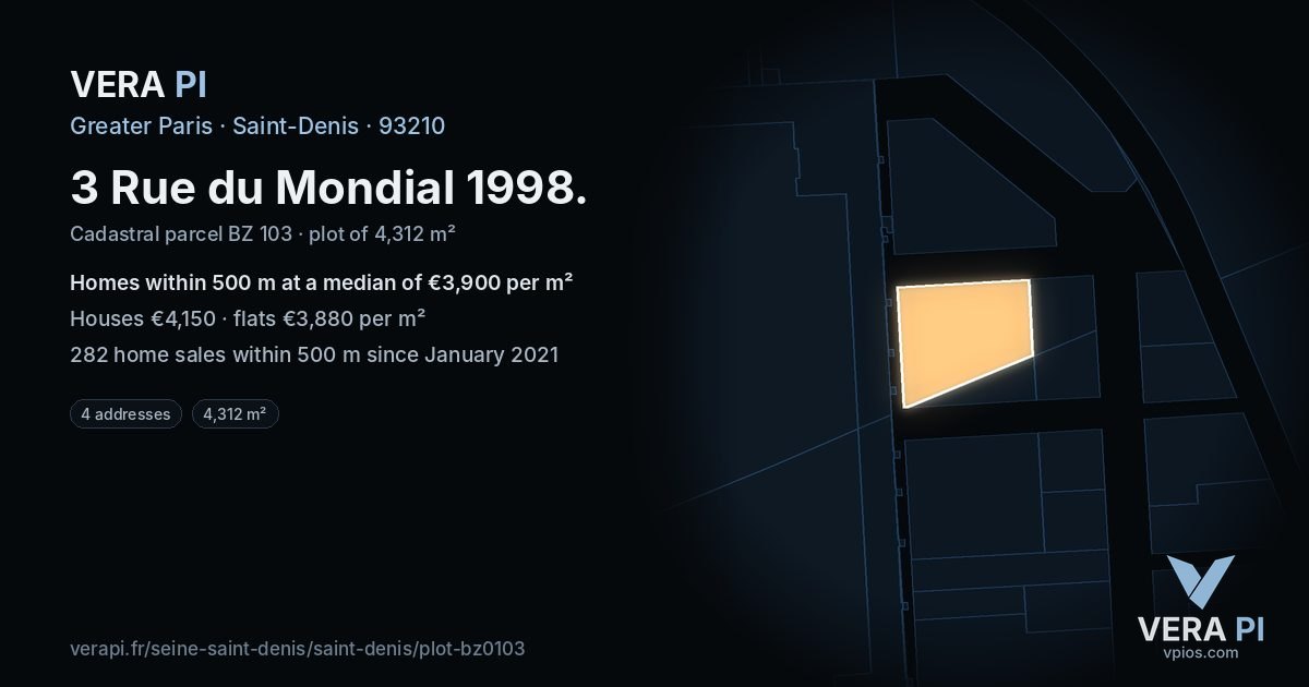 3 Rue du Mondial 1998, Saint-Denis at night – the plot lit, the parcels around coloured by the prices near them