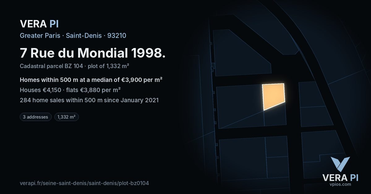 7 Rue du Mondial 1998, Saint-Denis at night – the plot lit, the parcels around coloured by the prices near them
