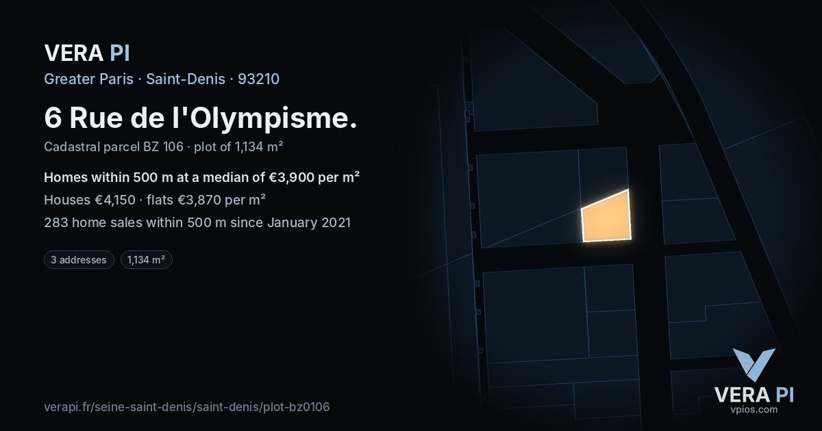 6 Rue de l'Olympisme, Saint-Denis at night – the plot lit, the parcels around coloured by the prices near them