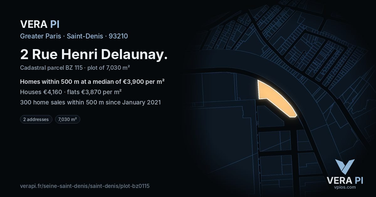 2 Rue Henri Delaunay, Saint-Denis at night – the plot lit, the parcels around coloured by the prices near them