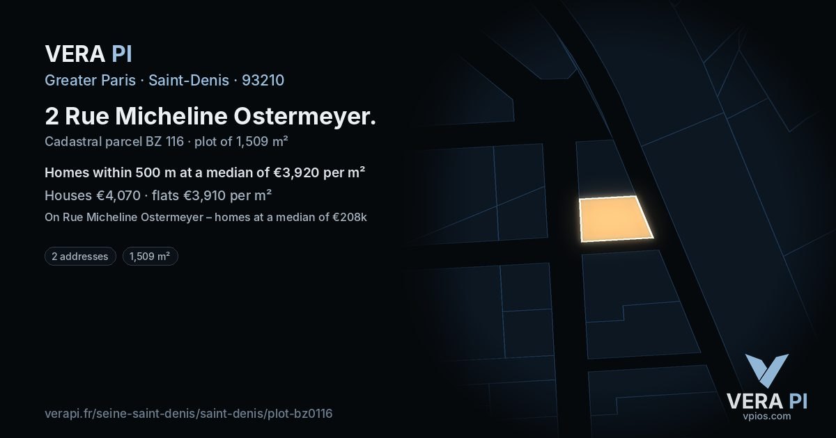 2 Rue Micheline Ostermeyer, Saint-Denis at night – the plot lit, the parcels around coloured by the prices near them